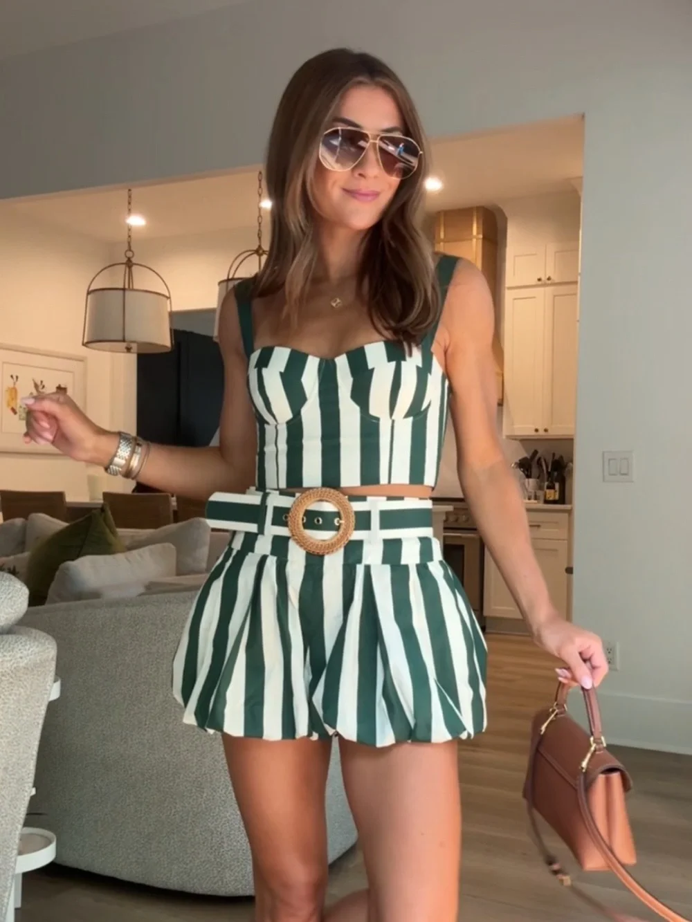 Cara Cara Green & White Striped Two-Piece Set with Woven Belt - Picture 1 of 11